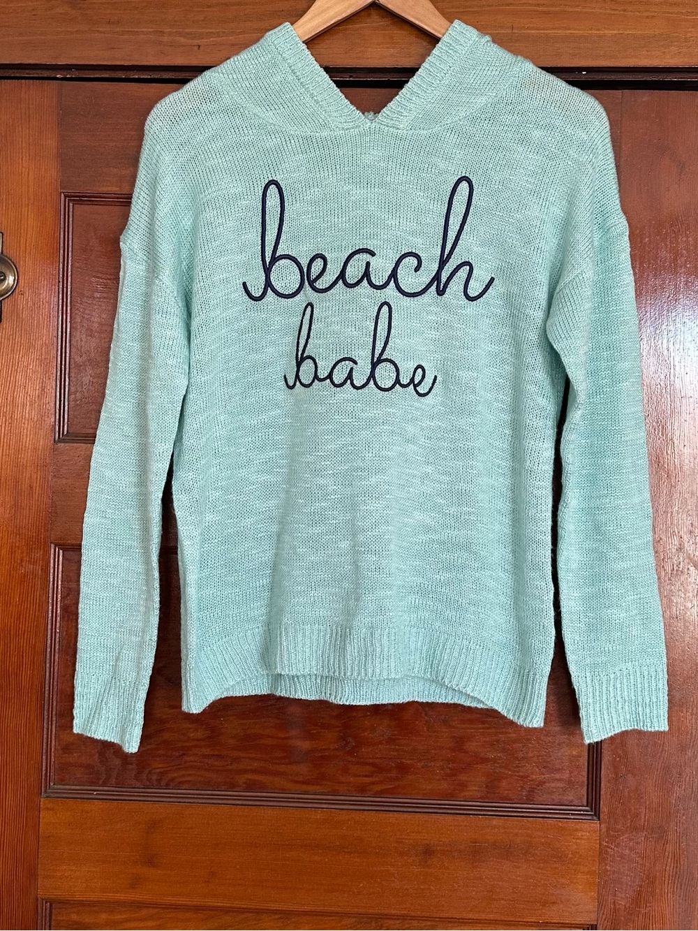 Mia & Tess Light Blue "Beach Babe" Knit Hoodie Sweater Size XS Coastal Nautical